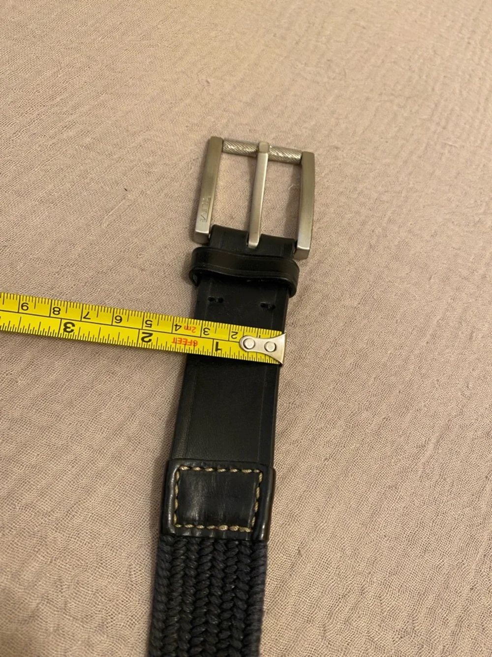 TUMI Men's Black Woven Elastic Belt with Leather Trim. 120